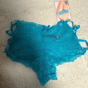 NWT Turquoise Lacy Boy Short Panty with Cut Out Sides in Size Large